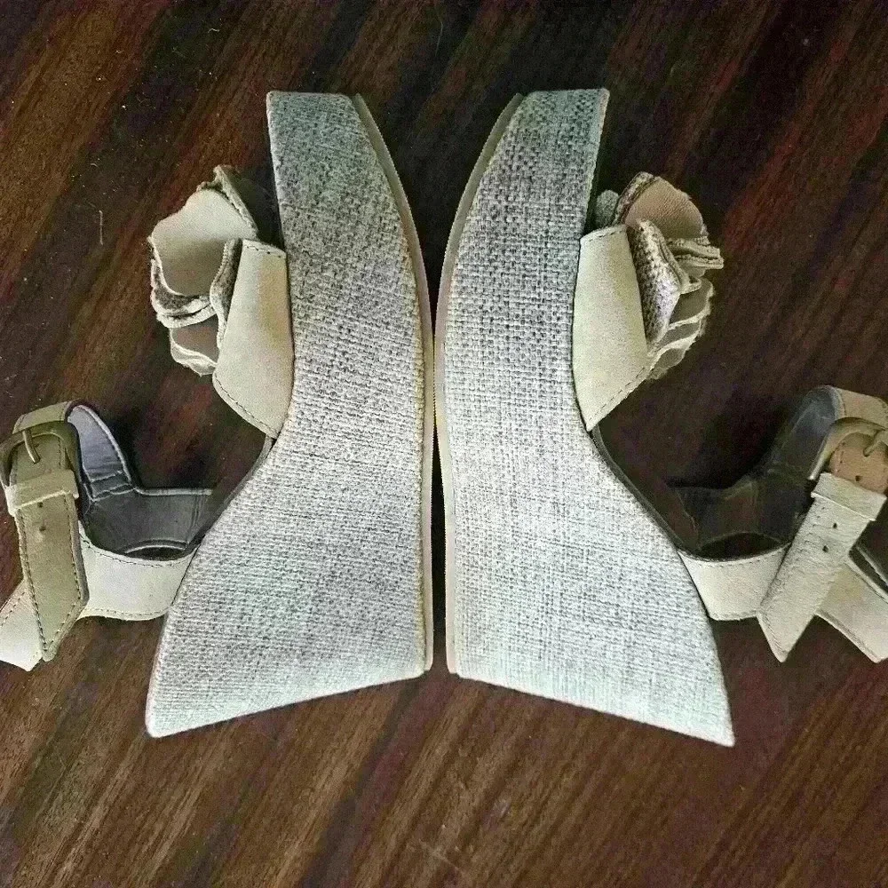 Bata Tan Leather Ankle Strap Linen covered Platform Wedge Sandal Size EU 36 US 6